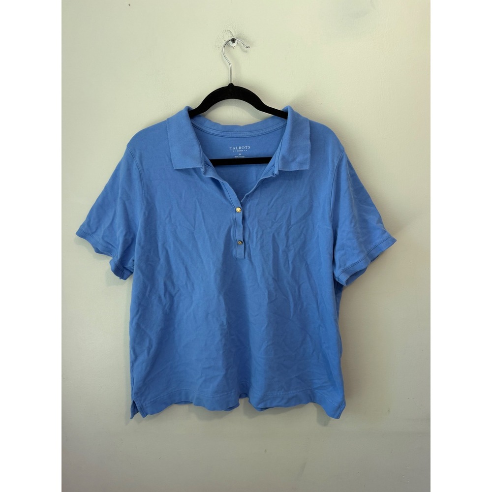 Talbots Woman Blue Short Sleeve Polo Shirt Gold Crest Buttons 2X